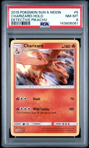2019 POKEMON SUN & MOON DETECTIVE PIKACHU #5 CHARIZARD-HOLO PSA 8