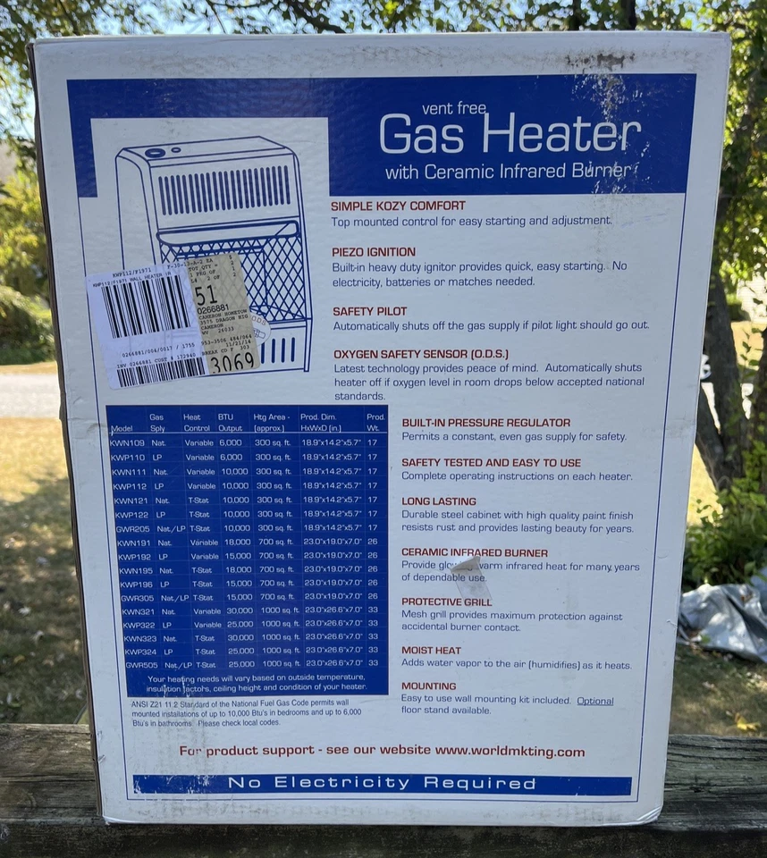 Calentador de pared de gas Kozy World sin ventilación de 10.000 BTU "Nuevo CAJA ABIERTA" Foto 2 de 4