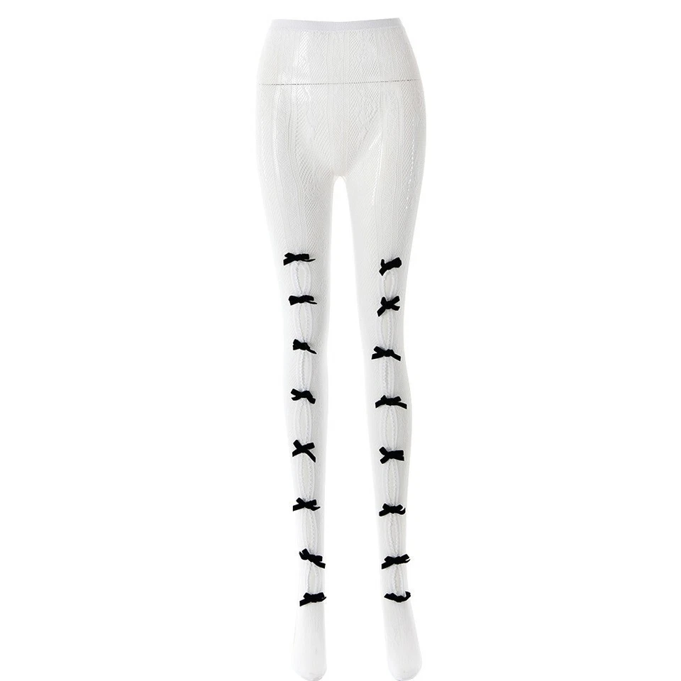 Women's Pinstripe Sheer Opaque Bows Tights Mesh Pantyhose Vintage Fishnet Tights - Image 4 of 4