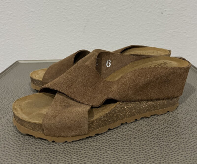Yokono Mora Cork Wedge Sandals Womens 6 Brown Suede Slip On