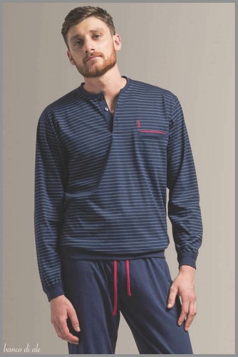Pigiama da uomo puro cotone lungo rigato polsini pantalone e taschino estivo  | eBay