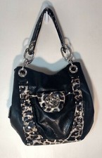 KATHY VAN ZEELAND LARGE BLACK WITH LEOPARD TRIM HANDBAG SHOULDER BAG RHINESTONES