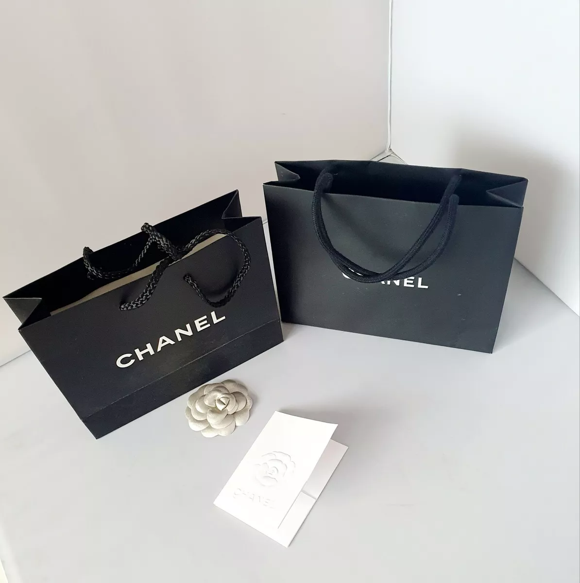 Chanel 2 Empty Small Black Bags with Camellia flower Grey Logo and 1 white Label