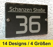 Hausnummernschild aus Schiefer mit Straßennamen mit Lasergravur Edelstahl Halter