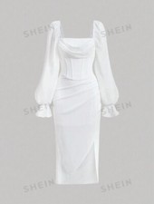 SHEIN MOD Square Neck Flare Sleeve White Dress-Size M