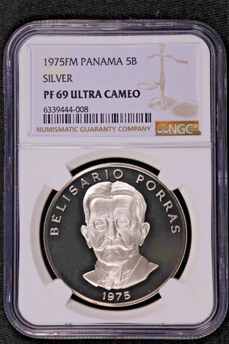 1975 PANAMA SILVER 5 BALBOAS BELISARIO PORRAS - NGC PF 69 ULTRA CAMEO