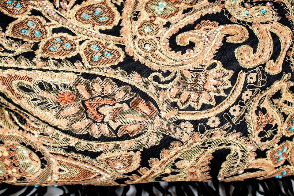 Cartera sin asas negra bordada cachemira turquesa cuentas vintage para mujer con solapa Foto 4 de 4