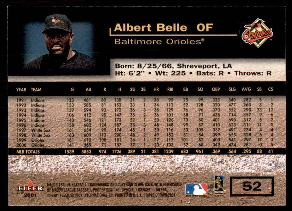 2001 Fleer Triple Crown Albert Belle Baltimore Orioles #52 - Image 2 of 2
