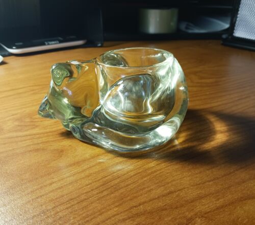 Vintage AVON SLEEPING CAT Clear Glass Votive Tealight Candle Holder 1980 4.5x2.5 - Picture 1 of 10