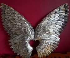 Angel Wings Wall Art Plaque - Hinged Metal with a Silver Finish (90cm Wingspan)