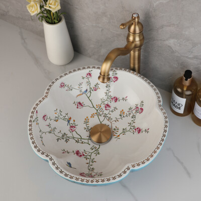 Flower-shaped Bathroom Sinks Blue Round Ceramic Vessel Sink Basin Bowl Brass Tap