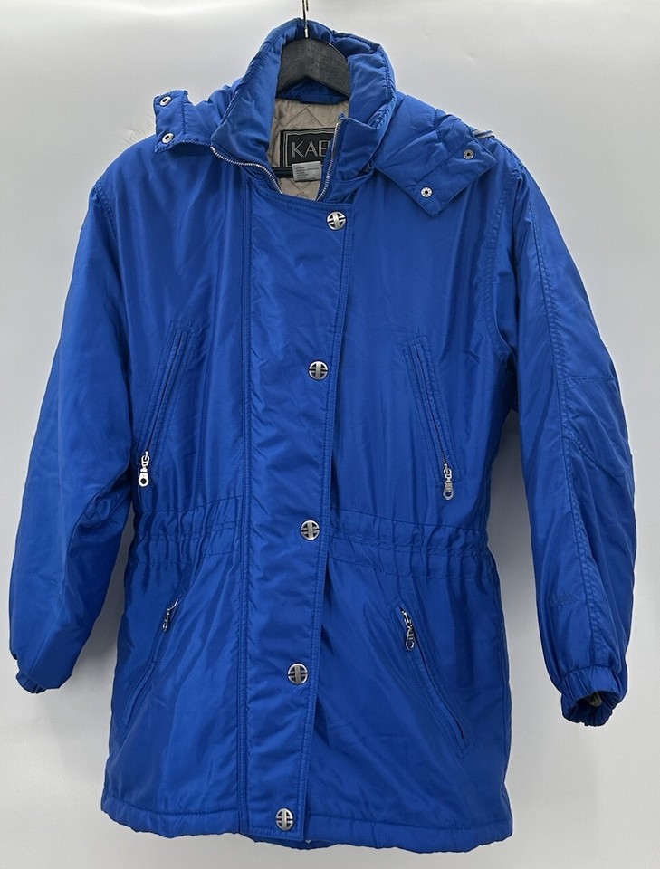 Kaelin Womens Vintage Coat Fur Hooded Ski Jacket Embroidered Blue Size