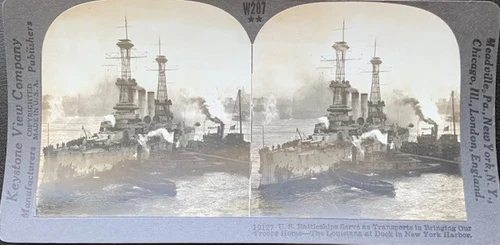 U.S.S.LOUISIANA TRANSPORT SHIP NEWYORK HARBOR RETURNING SOLDIERS STEREOVIEW W287