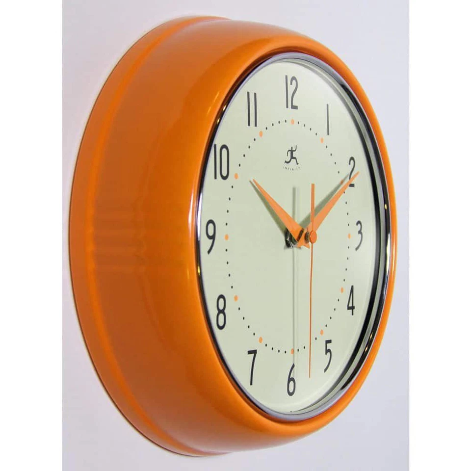 Infinity Instruments 9.5 in Orange Retro Round Metal Wall Clock Silent Quartz - Image 2 of 4