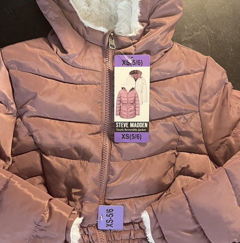 Girls Size XS (5/6) Steve Madden Reversible Parka Jacket Pink To Faux Fur White - Picture 2 of 5