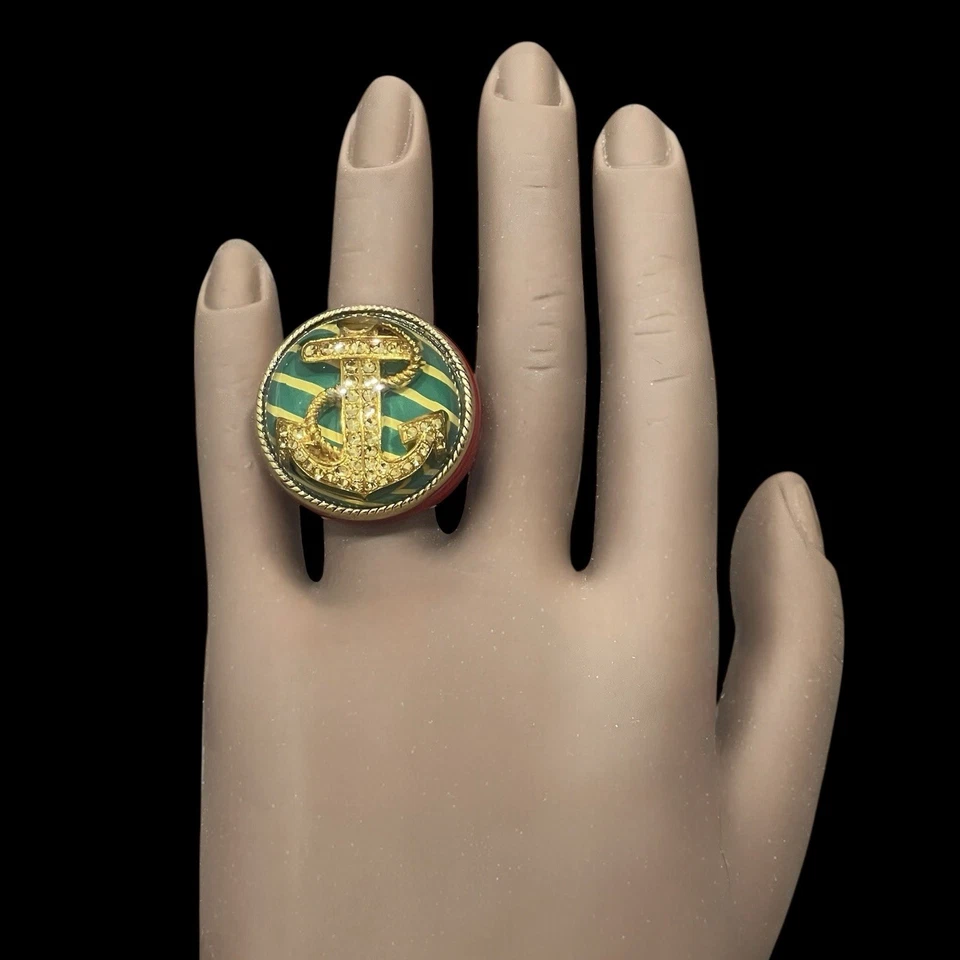 Betsey Johnson Nautical Ring Green Yellow Striped  Lucite Bubble Gold Anchor 7 - Image 2 of 4