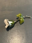 Vintage Enamel Rose Brooch White Flower Green Leaf Stem Unsigned Costume Jewelry
