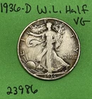 1936 D Walking Liberty Half Dollar 50c Vg Very Good 90% Silver