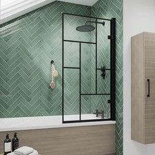 Nuie Abstract Matt Black Framed Hinged Bath Screen 1520mm H x 830mm W 8mm Glass