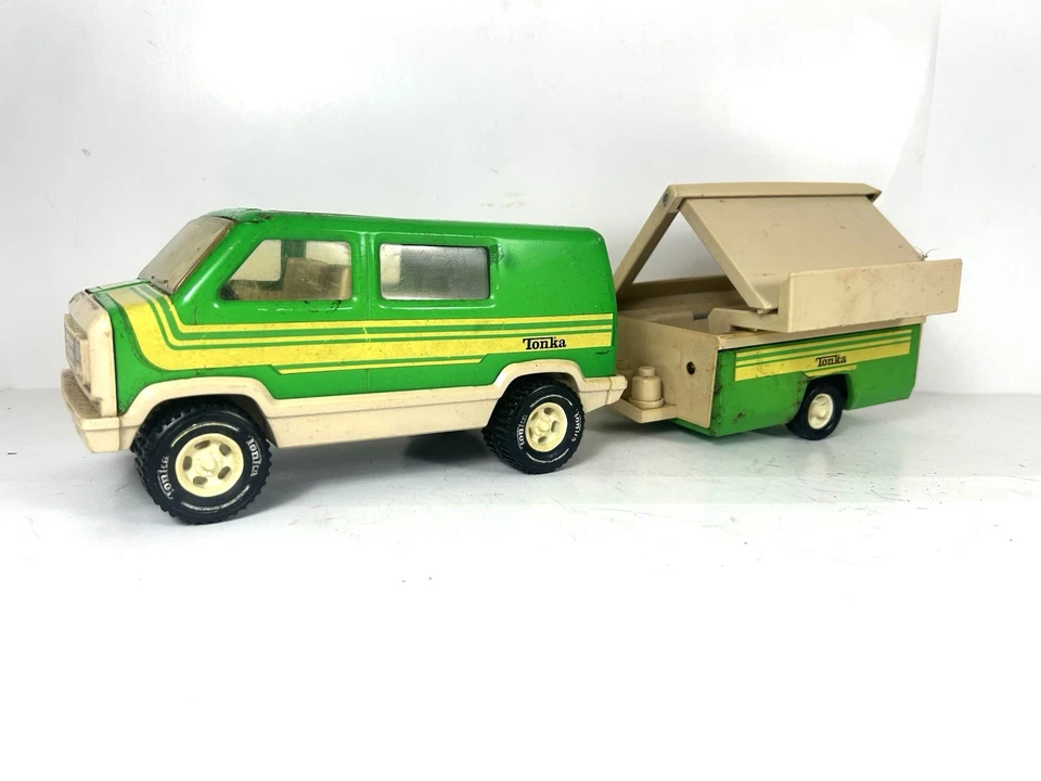 Furgoneta verde Tonka vintage con cámper emergente años 70 acero prensado juguete EE. UU. Foto 3 de 4