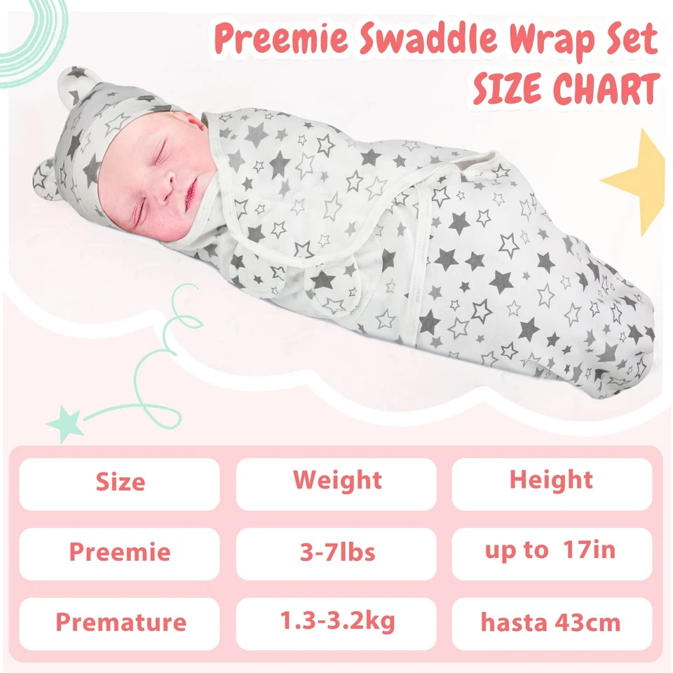 Paquete de 4 mantas envolventes prematuras con sombrero para bebés niños niñas 3-7 libras... Foto 2 de 4