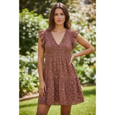 Madewell Floral Mini Dress Womens L Rust Brown Pintuck Flutter Cottagecore Boho