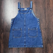 Que Pasa Overall Dress Womens L Vintage Dark Wash Denim Pinafore Jumper 90s Y2K