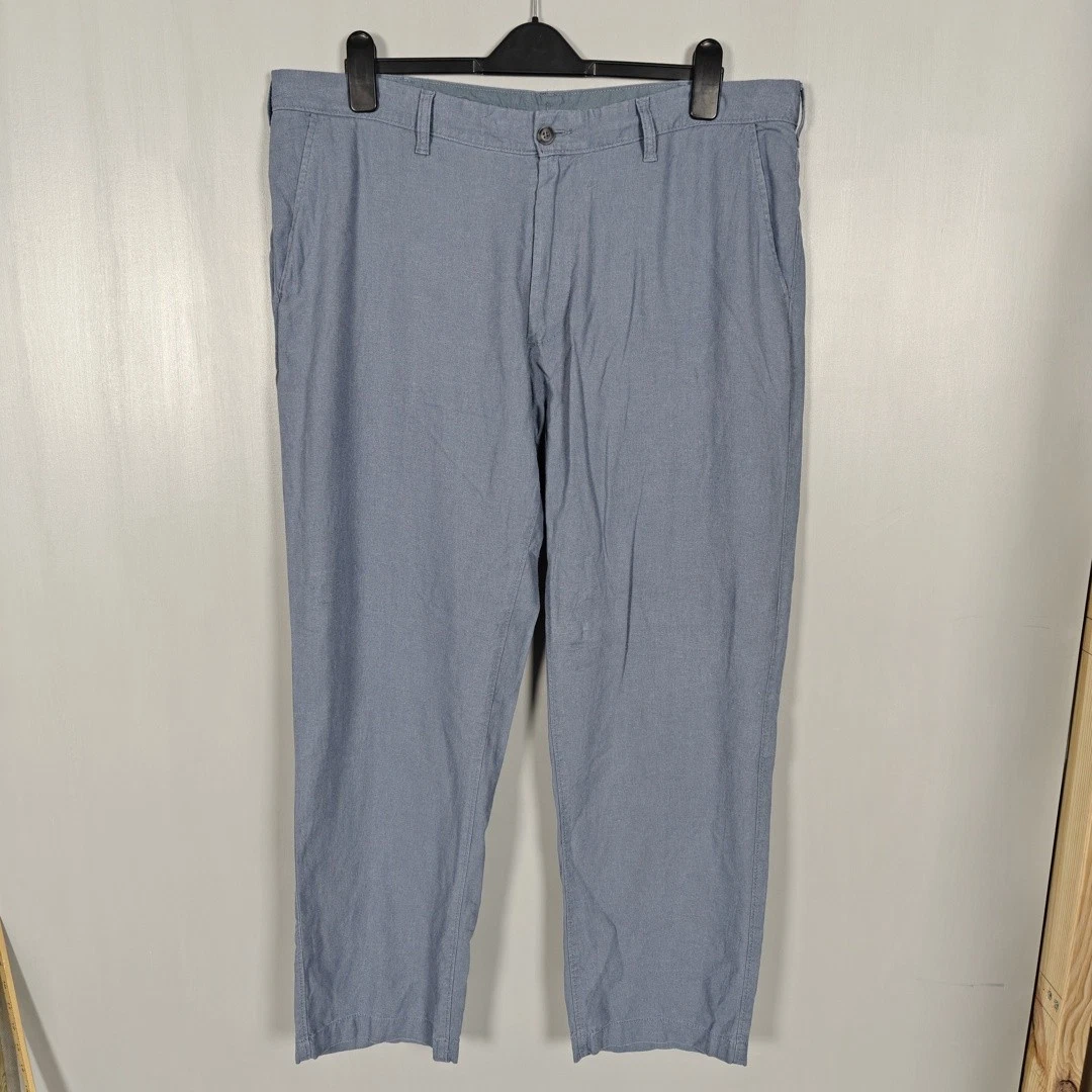 M&S Trousers Men W40 Blue Linen Chino Lightweight Summer Straight Leg