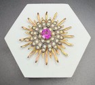 Vintage Starburst Brooch Gold Tone / Silver Tone Rhinestones Purple Lucite 2.25” — photo 1