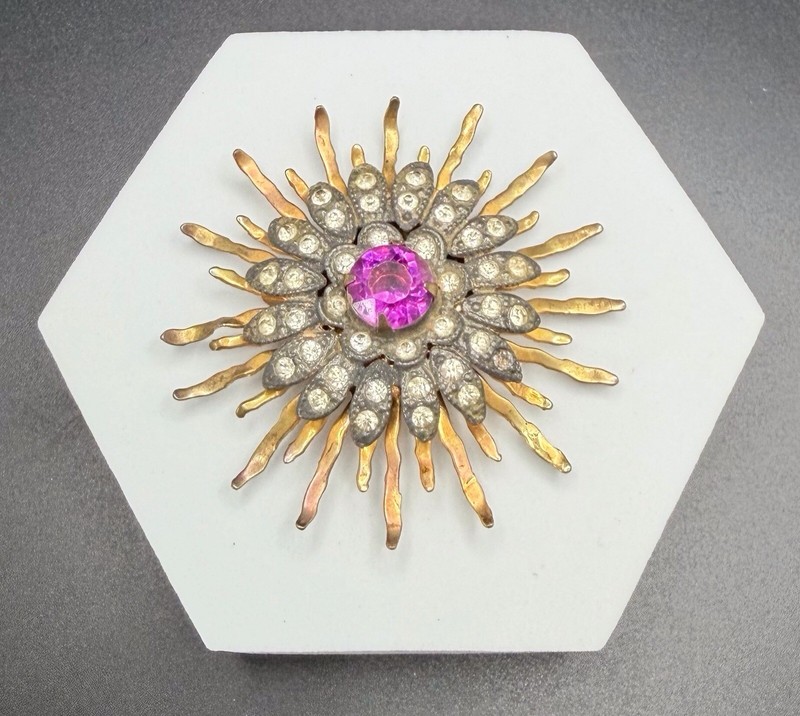 Vintage Starburst Brooch Gold Tone / Silver Tone Rhinestones Purple Lucite 2.25”