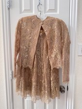 Vintage Albert Nipon 2pc Lace Dress Suit Gold Tan Skirt Set Size 6 USA