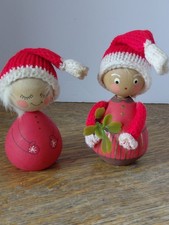 Vintage Swedish Tomte Christmas Hand Made Wooden Figures Lot of 2 Boy  Girl