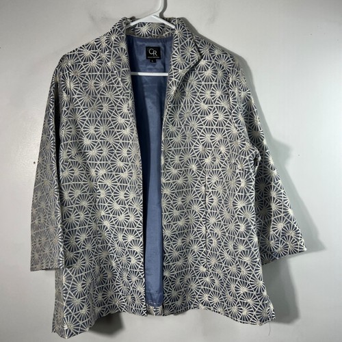 Connie Roberson Blue Silver Metallic Starburst Jacquard Silk Jacket Large L