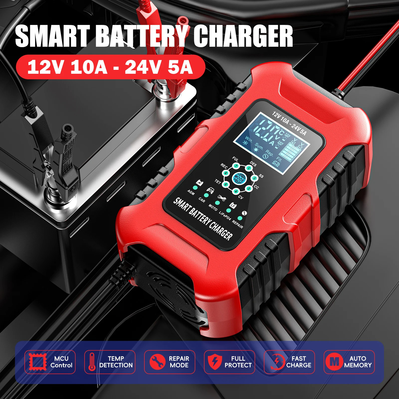 Chargeur batterie voiture 12V avec ecran numerique et mode reparation impulsion