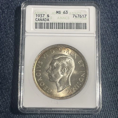 1937 Canada $1 Silver Dollar ANACS Soapbox Holder MS63 Choice Unc Classic Coin