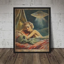Vintage ALIEN LOVER Adbuction Seduction Wall Art, UFO Sexy Cryptid Sci-fi Decor