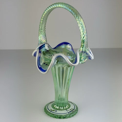 Fenton Glass B. Williams Legacy Collection Green Blue Optic Iridescent Basket