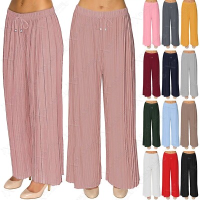 NEW LADIES WOMENS PLEATED PALAZZO TROUSERS FLARE LONG LEG TROUSER PANTS 