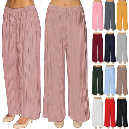 NEW LADIES WOMENS PLEATED PALAZZO TROUSERS FLARE LONG LEG TROUSER PANTS - Picture 1 of 29