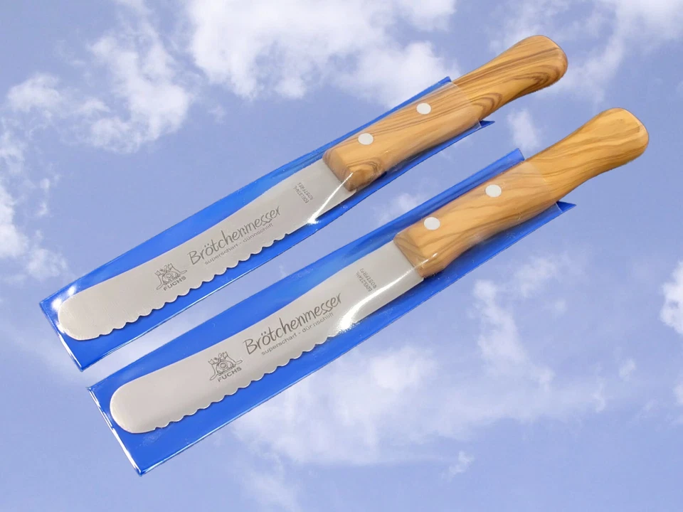 Frühstücksmesser Fuchs scharfe Welle Edelstahl Griff Olivenholz 2 Stück Neu OVP - Bild 3 von 3
