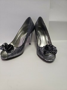 black and silver open toe heels