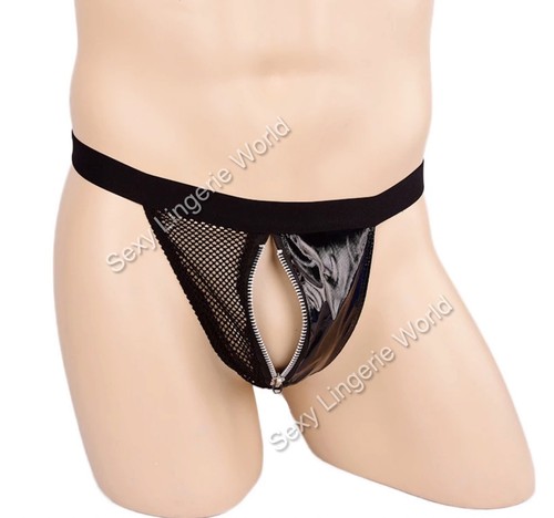 Hombres Ropa Interior Cremallera Pene Tanga Sexy Bolsa Frontal Abierta Malla Imitación Cuero Cuerdas - Imagen 46 de 79