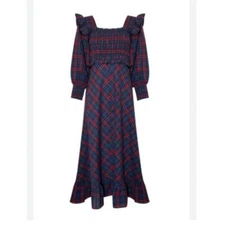 Hunter Bell Blue Long Sleeve Squared Neckline Plaid Annie Dress Size Small