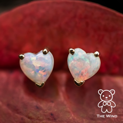 Small Heart Shaped Natural Australian Solid Opal Stud Earrings 14K Yellow Gold