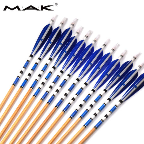 12Pcs Traditional Wooden Arrow W/ Turkeys Blue Real feather For Shooting Hunting - Picture 3 of 8