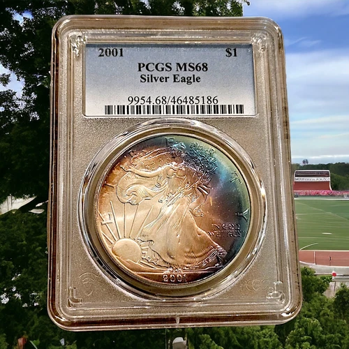 🌈 MONSTER RAINBOW TONER 2001 American Silver Eagle ms68 pcgs .999fs ASE 🌈