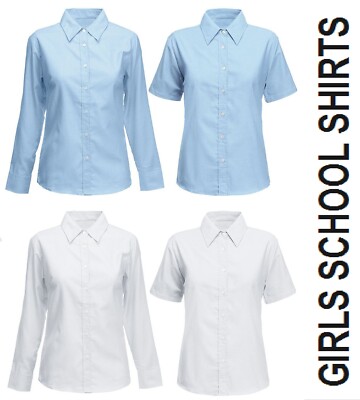 2x Mädchen Schulshirt Bluse Oberteil WEISS BLAU Uniform kurz langarm 3-18 Jahre