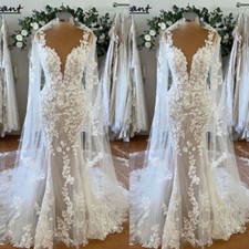 Bohemian Wedding Dresses With Cape Lace Appliques V Neck Mermaid Bridal Gowns