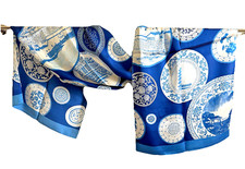 68"X18"Blue Pattern Print Pure Mulberry Satin Silk 16momme Long Scarf 173x45cm