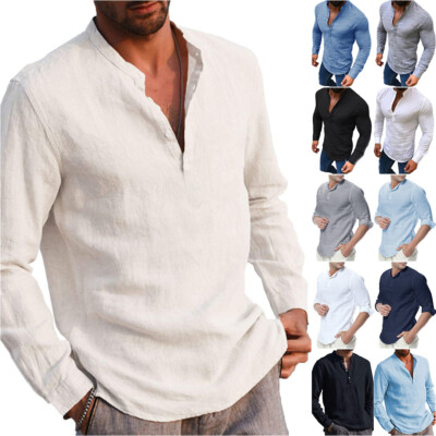 Mens Henley Shirt Plain Long Sleeve T 